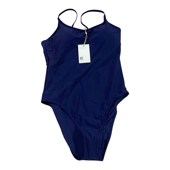 Quince Italian One Piece Cami Swim Adjustable Straps Sz L  Navy NEW - Picture 2 of 4